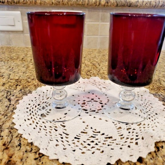 Pair Of 6" Tall Vintage Ruby Red Glasses Clear Ball Stem Water/Wine Goblets - Picture 1 of 3